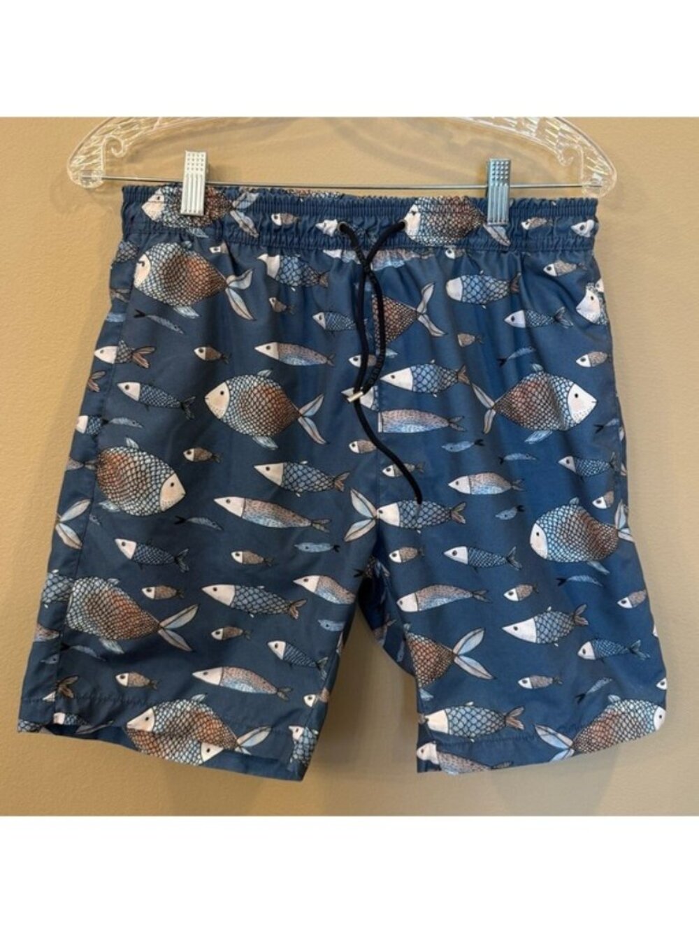 Benson Men’s Swim Shorts Size Medium Blue Allover Fish Print Mesh Lined